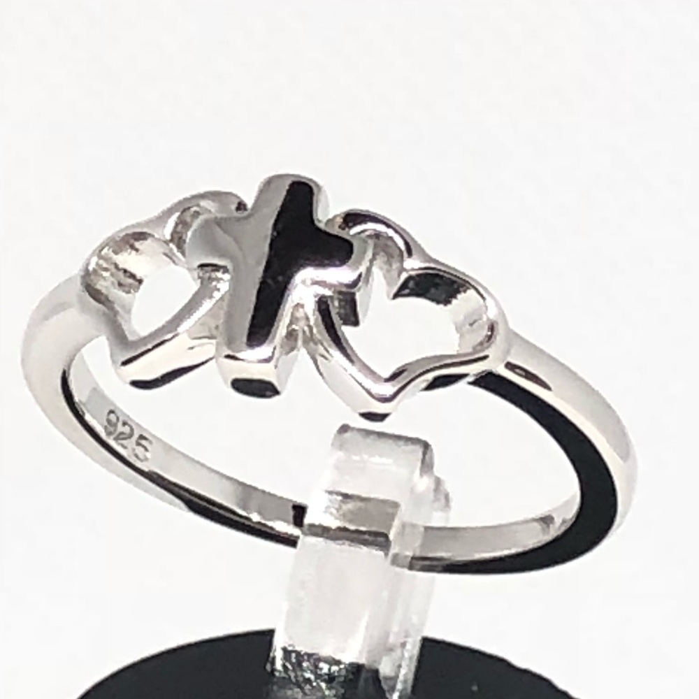 Sterling Silver Cross with 2 Hearts Ring